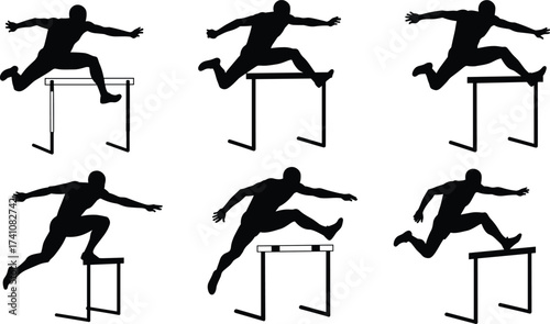 Athlete silhouette illustration, hurdle jump motion, track and field, sports action, dynamic pose, running sequence, fitness training, competition concept