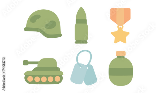 Military icon set: flat style helmet, bullet, medal, tank, dog tags, canteen