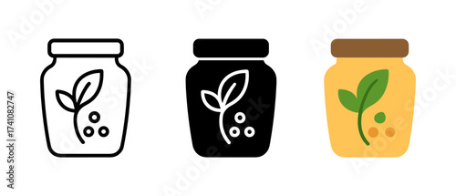 Minimalist jar icons with leaf designs in three styles: outline, solid, colored