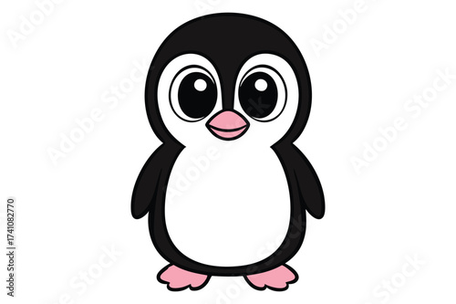 Cute cartoon penguin vector with pink cheeks and a happy smile, perfect for children’s winter graphics, prints, and digital designs.