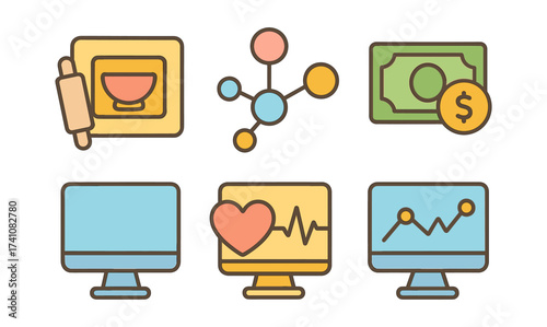 Colorful line art icons for technology, finance, and science themes