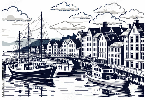 Harbor Serenity: Sailing Ships and Canal Homes