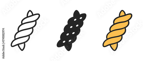 Rotini pasta trio: outline, solid, and colorful icon set for food design