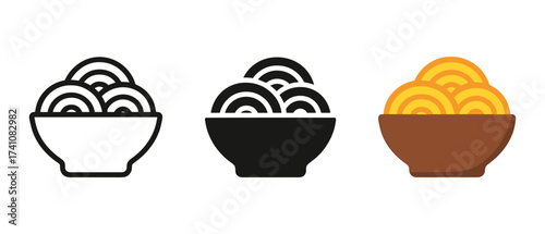 Outline, solid, and colorful noodle bowl icons in flat style