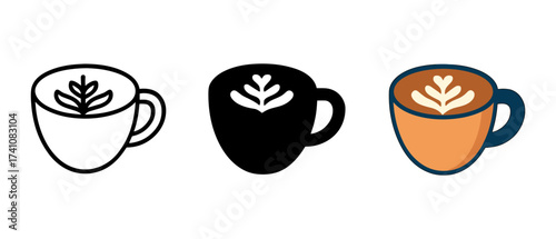 Trendy coffee cups with latte art in three distinct styles