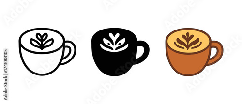 Coffee cup trio with latte art in line, silhouette, and flat styles