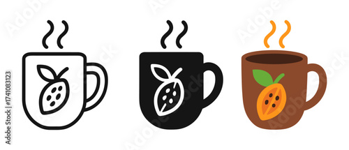 Steaming coffee mug with cocoa bean design in three artistic styles