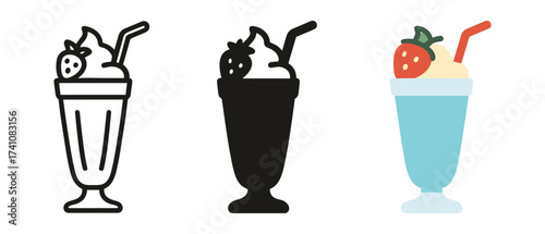 Milkshake trio: line, silhouette, and flat icons of a strawberry milkshake