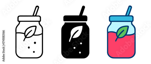 Flat icons of smoothie jar with leaf for healthy beverage design