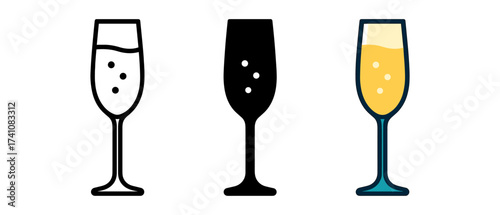 Three champagne glasses in outline, silhouette, and color styles