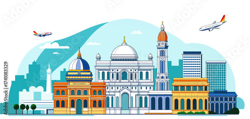 Illustrated Cityscape with Iconic Buildings and Planes