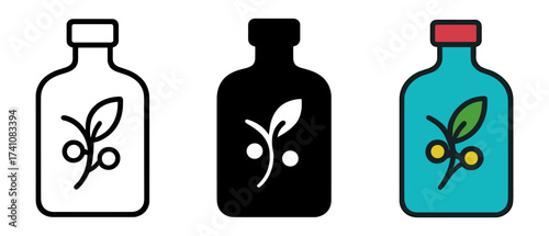 Olive oil bottle icons set: minimalist, silhouette, and colorful designs
