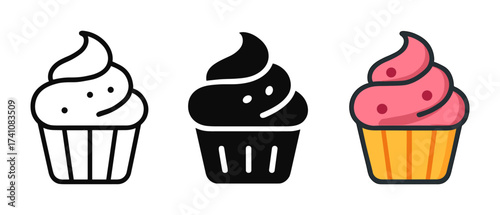 Colorful cupcake trio in outline and solid styles with pink icing
