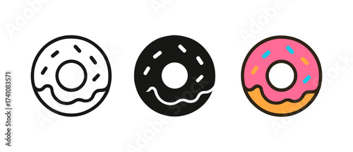 Minimalist donut icons in black and white and color variations