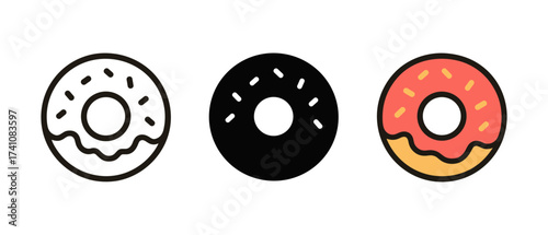 Set of three donut icons in minimalistic flat design featuring different styles