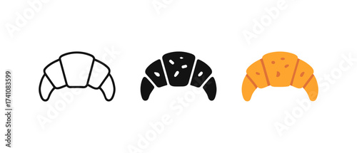 Isometric croissant icons set: outline, filled, and colored variations