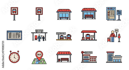 Collection of bus stop icons and symbols featuring shelters, signs, schedules, and a traveler with luggage.
