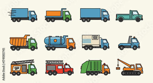 Illustration of various types of trucks, including delivery, tanker, dump, tow, and fire trucks.