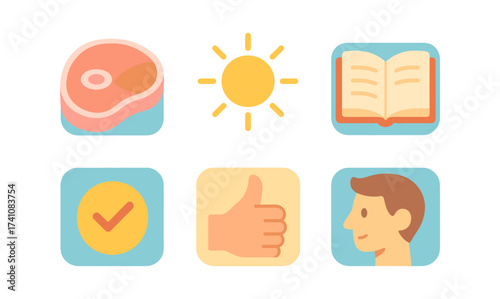 Colorful flat icons set featuring food, lifestyle, and positivity symbols