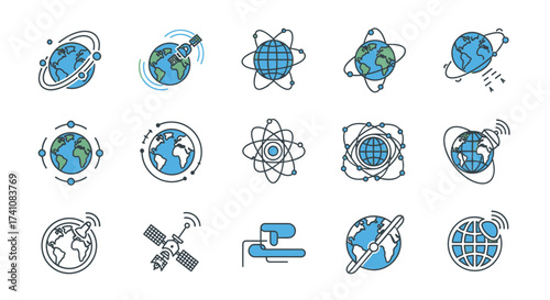 Collection of globe icons with orbiting lines, satellite, and antenna, representing global communication, technology, and connectivity.