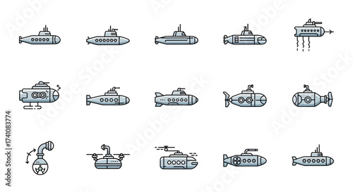 A collection of fifteen different submarine illustrations, each with a unique design and style, arranged in a grid.