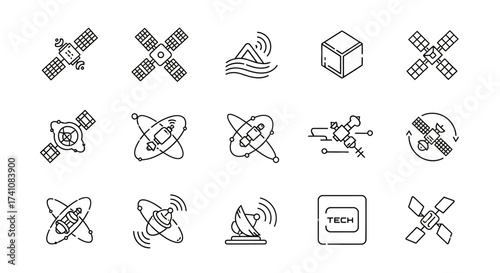 A collection of various line art illustrations depicting satellites, communication signals, and technological elements.