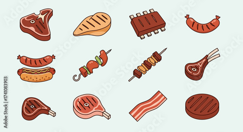 A collection of various grilled meat cuts and barbecue items, presented in a flat, illustrative style.
