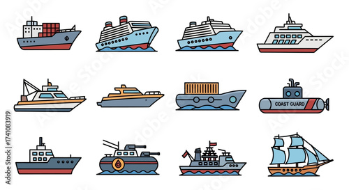 Twelve different types of ships and boats are arranged in a grid pattern on a white background.