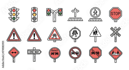 Collection of various road signs and traffic signals, including pedestrian crossings, stop signs, and hazard warnings.