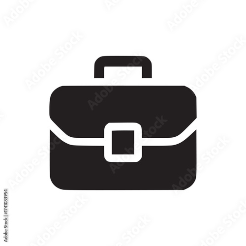 A simple dark blue briefcase icon with a handle and a white latch on a clean white background space