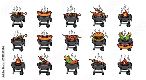 Collection of cartoon barbecues with various foods grilling, including burgers, hotdogs, corn, and skewers, with smoke rising.