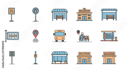 Collection of bus stop and station icons, including shelters, signs, and a bus.