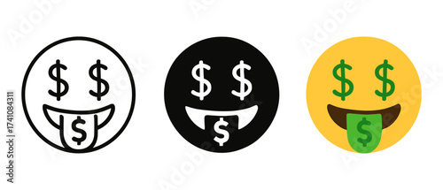Money face emoji set with dollar signs in eyes and grin variations