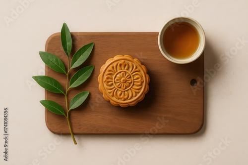 Wallpaper Mural Single mooncake with leaves and tea on rustic wooden board Torontodigital.ca