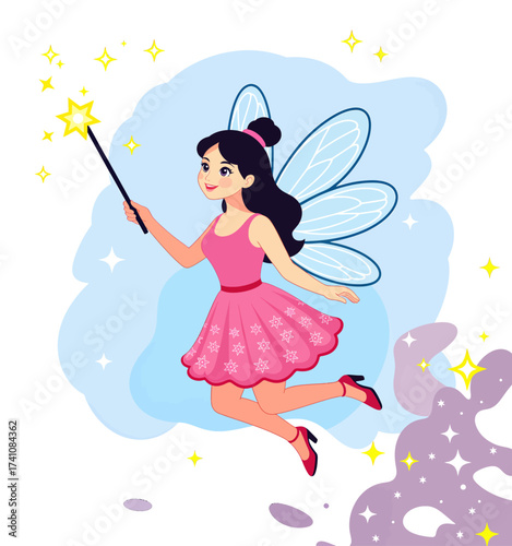 Magical Fairy Girl in Pink Dress Flying with Wand