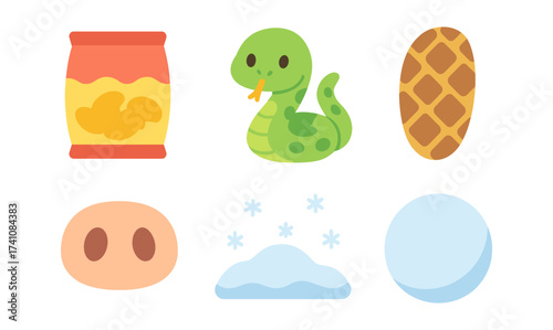 Cute emoji set: chips, snake, cookie, pig nose, snow, bubble in flat style