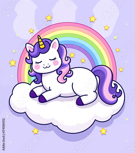 Magical Unicorn on Cloud with Rainbow and Stars