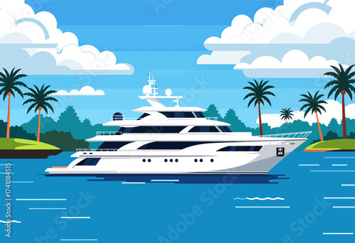 Luxurious Yacht in Tropical Waters with Palm Trees