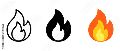 Minimalist flame icons: outline, solid, and colorful designs