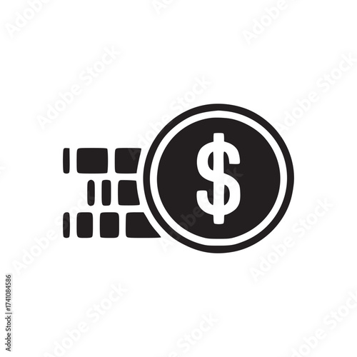 A dark blue dollar coin icon with a grid pattern on its left side against a white background space