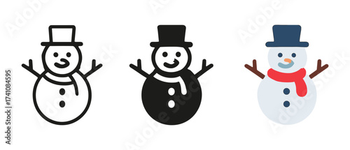 Playful snowman designs in flat, silhouette, and line art styles