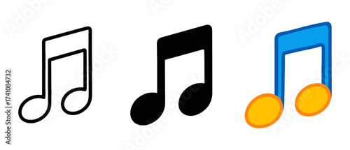 Set of music note icons: linear, flat, and colorful styles for design