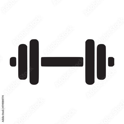 A simple dark blue dumbbell illustration on a white background for fitness and exercise concepts