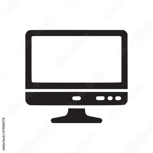 A simple dark blue computer monitor icon with a blank screen on a plain white background illustration