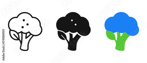 Minimalist broccoli icons: outline, solid, and colorful variations