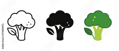 Creative broccoli icons: monochrome, silhouette, and colorful variations with leaf details