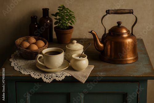 Vintage coffee station with copper kettle and eggs on cabinet