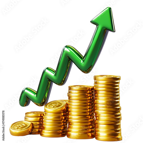 Financial Growth Chart with Green Arrow and Gold Coin Stacks on Transparent Background