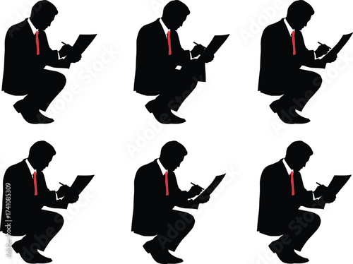 Business silhouette illustration, squatting posture, clipboard writing, red tie accent, professional gesture, office documentation, corporate evaluation, repetition concept, suit figure