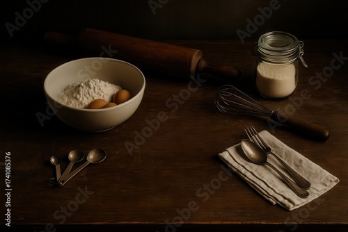 Moody baking still life with bowl of flour and whisk